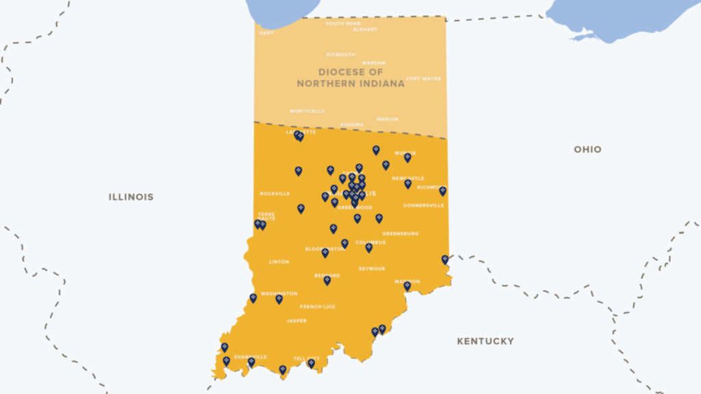 State of Indiana showing diocesan boundaries and locations of churches